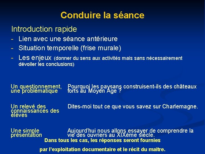 Conduire la séance Introduction rapide - Lien avec une séance antérieure Situation temporelle (frise