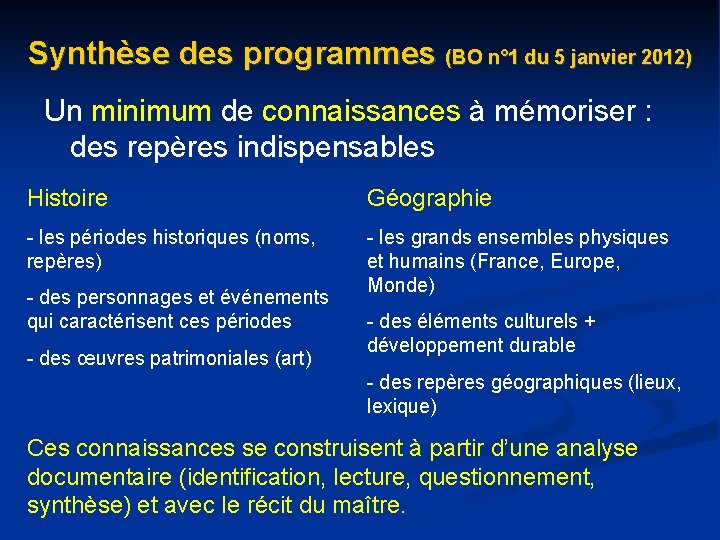 Synthèse des programmes (BO n° 1 du 5 janvier 2012) Un minimum de connaissances