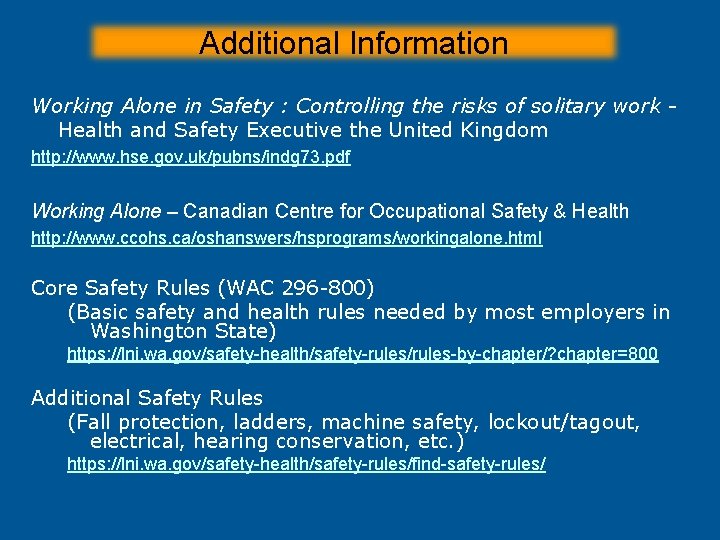 Additional Information Working Alone in Safety : Controlling the risks of solitary work Health Additional Information Working Alone in Safety : Controlling the risks of solitary work Health