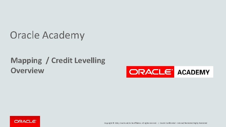 Oracle Academy Mapping / Credit Levelling Overview Copyright © 2015, Oracle and/or its affiliates.