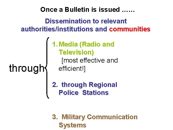 Once a Bulletin is issued …… Dissemination to relevant authorities/institutions and communities through 1.