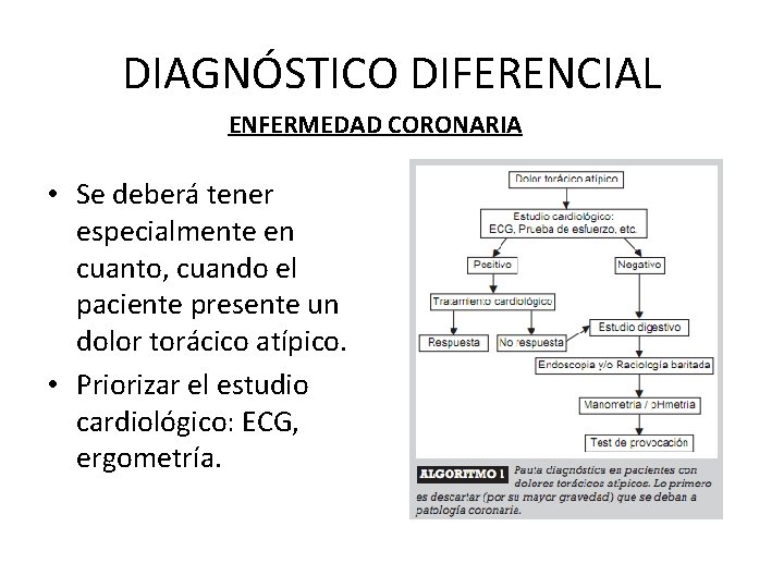 DIAGNÓSTICO DIFERENCIAL ENFERMEDAD CORONARIA • Se deberá tener especialmente en cuanto, cuando el paciente DIAGNÓSTICO DIFERENCIAL ENFERMEDAD CORONARIA • Se deberá tener especialmente en cuanto, cuando el paciente