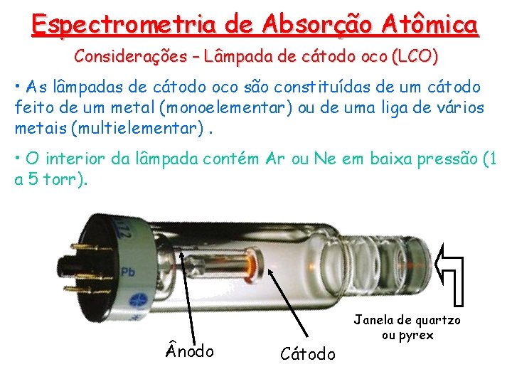 Espectrometria de Absorção Atômica Considerações – Lâmpada de cátodo oco (LCO) • As lâmpadas