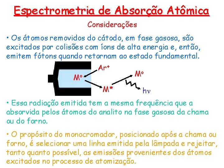 Espectrometria de Absorção Atômica Considerações • Os átomos removidos do cátodo, em fase gasosa,