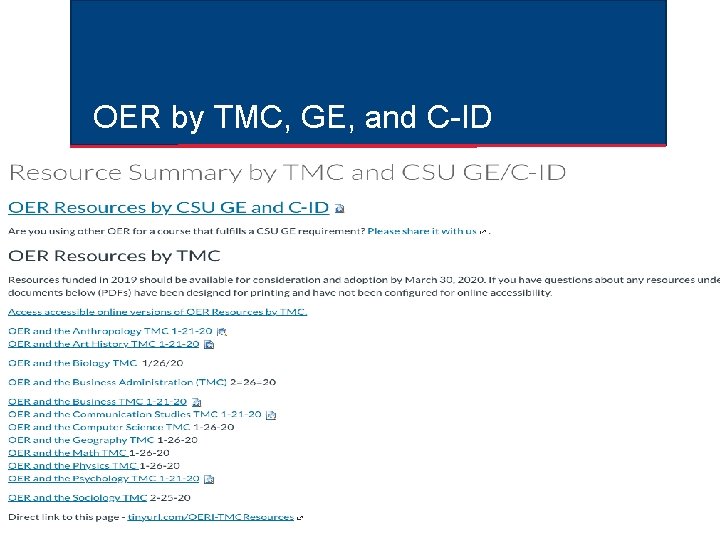 OER by TMC, GE, and C-ID 
