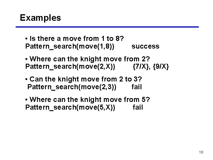 Examples • Is there a move from 1 to 8? Pattern_search(move(1, 8)) success •