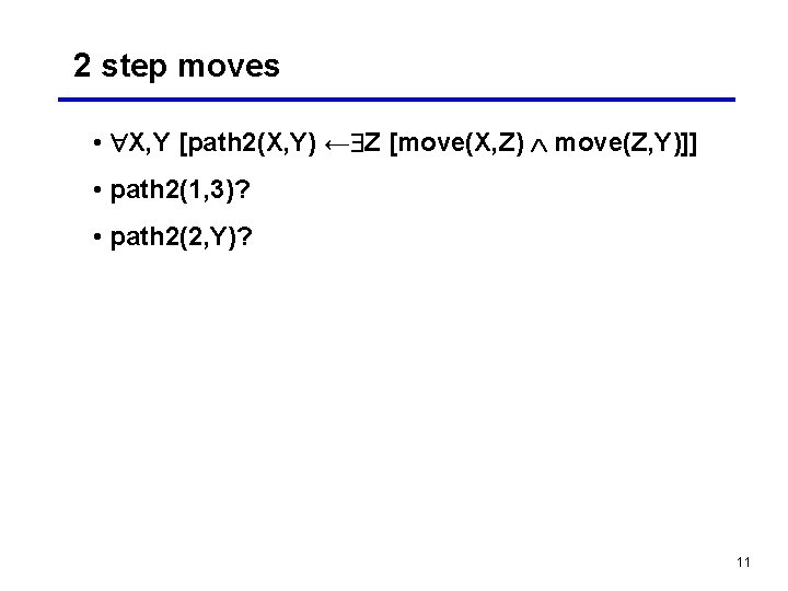 2 step moves • X, Y [path 2(X, Y) ← Z [move(X, Z) move(Z,