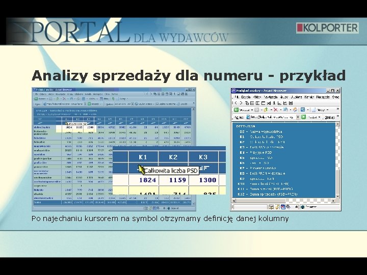 Analizy sprzedaży dla numeru - przykład Po najechaniu kursorem na symbol otrzymamy definicję danej Analizy sprzedaży dla numeru - przykład Po najechaniu kursorem na symbol otrzymamy definicję danej
