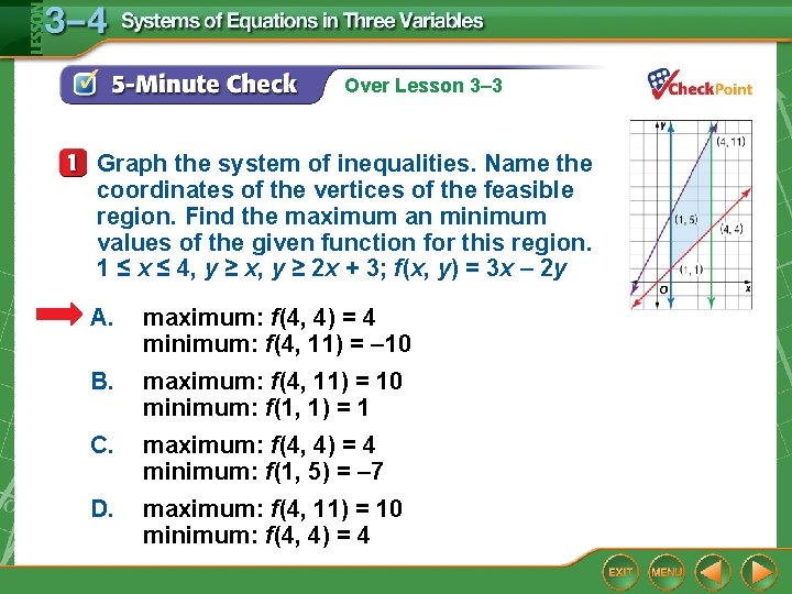 Over Lesson 3– 3 Graph the system of inequalities. Name the coordinates of the