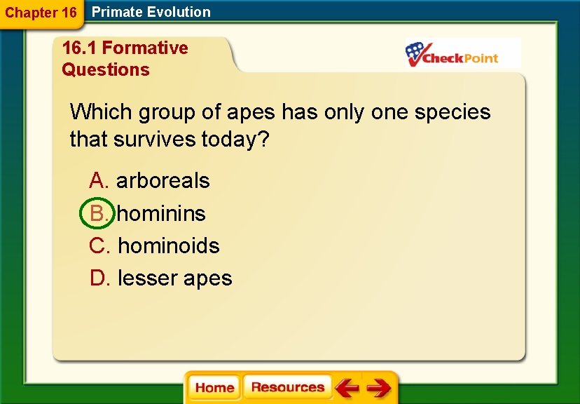 Chapter 16 Primate Evolution 16. 1 Formative Questions Which group of apes has only