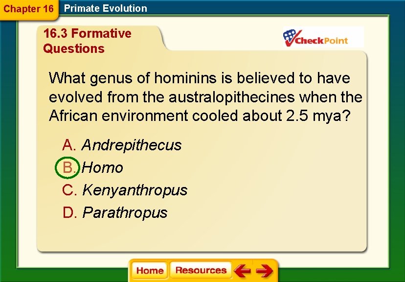 Chapter 16 Primate Evolution 16. 3 Formative Questions What genus of hominins is believed