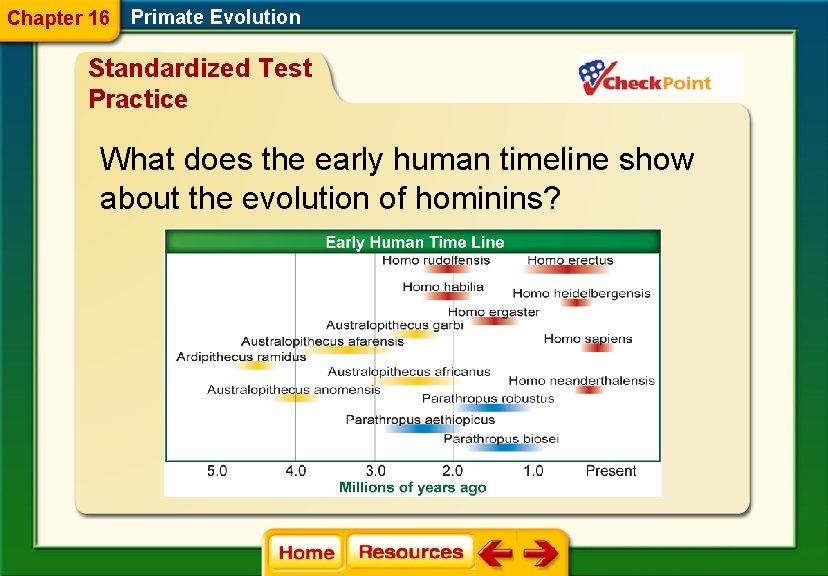 Chapter 16 Primate Evolution Standardized Test Practice What does the early human timeline show