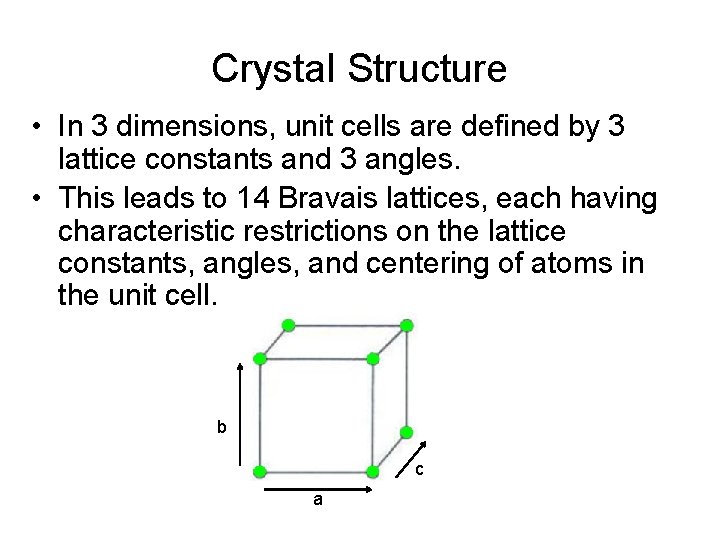 Crystal Structure • In 3 dimensions, unit cells are defined by 3 lattice constants