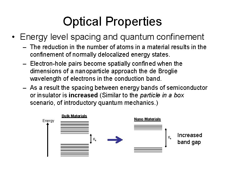 Optical Properties • Energy level spacing and quantum confinement – The reduction in the