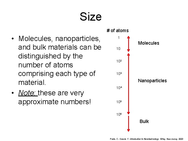 Size # of atoms • Molecules, nanoparticles, and bulk materials can be distinguished by