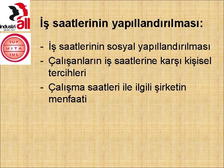 İş saatlerinin yapıllandırılması: - İş saatlerinin sosyal yapıllandırılması - Çalışanların iş saatlerine karşı kişisel