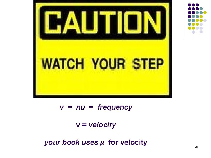 ν = nu = frequency v = velocity your book uses μ for velocity