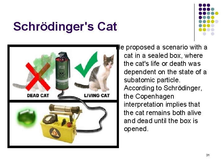 Schrödinger's Cat He proposed a scenario with a cat in a sealed box, where