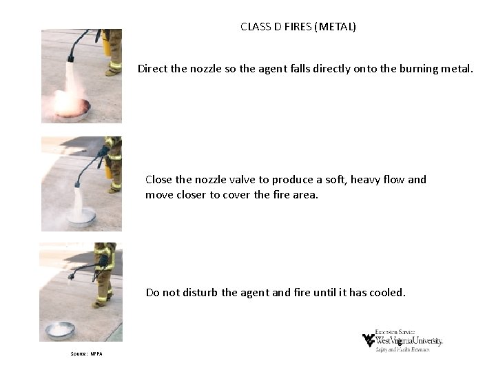 CLASS D FIRES (METAL) Direct the nozzle so the agent falls directly onto the CLASS D FIRES (METAL) Direct the nozzle so the agent falls directly onto the