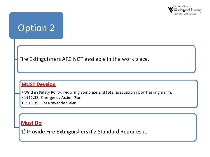 Option 2 Fire Extinguishers ARE NOT available in the work place. MUST Develop • Option 2 Fire Extinguishers ARE NOT available in the work place. MUST Develop •