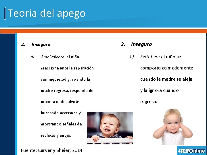 Teoría del apego 2. Inseguro a) Ambivalente: el niño 2. Inseguro b) Evitativo: el