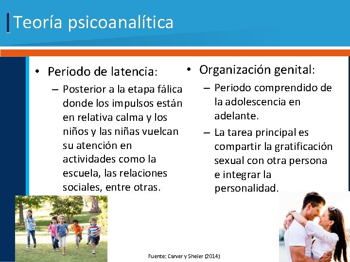 Teoría psicoanalítica • Periodo de latencia: – Posterior a la etapa fálica donde los