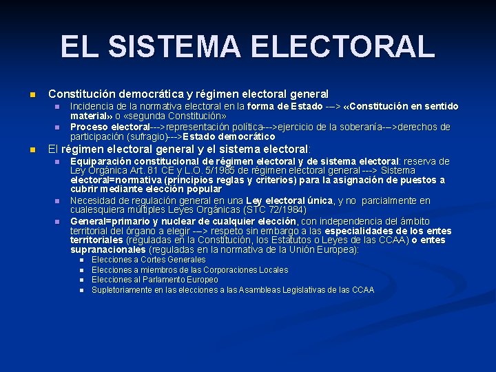 EL SISTEMA ELECTORAL n Constitución democrática y régimen electoral general n n n Incidencia