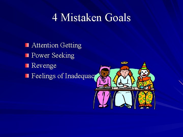 4 Mistaken Goals Attention Getting Power Seeking Revenge Feelings of Inadequacy 