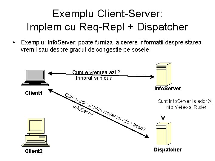 Exemplu Client-Server: Implem cu Req-Repl + Dispatcher • Exemplu: Info. Server: poate furniza la