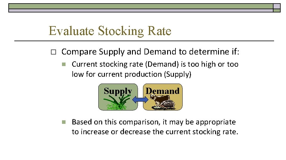 Evaluate Stocking Rate o Compare Supply and Demand to determine if: n Current stocking
