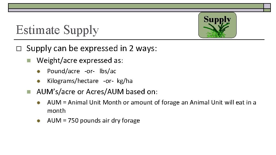 Estimate Supply o Supply can be expressed in 2 ways: n Weight/acre expressed as: