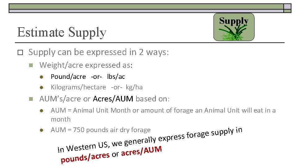 Supply Estimate Supply o Supply can be expressed in 2 ways: n Weight/acre expressed