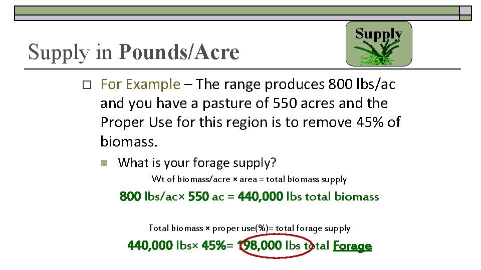 Supply in Pounds/Acre o Supply For Example – The range produces 800 lbs/ac and