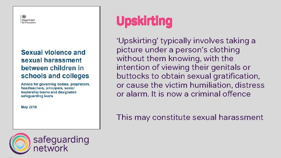 Upskirting ‘Upskirting’ typically involves taking a picture under a person’s clothing without them knowing,
