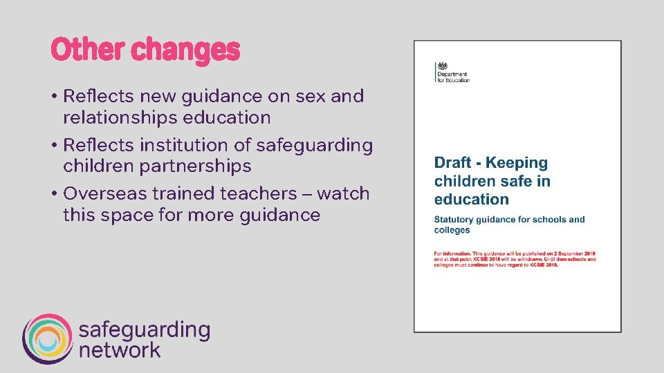 Other changes • Reflects new guidance on sex and relationships education • Reflects institution