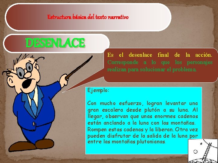 Estructura básica del texto narrativo DESENLACE Es el desenlace final de la acción. Corresponde