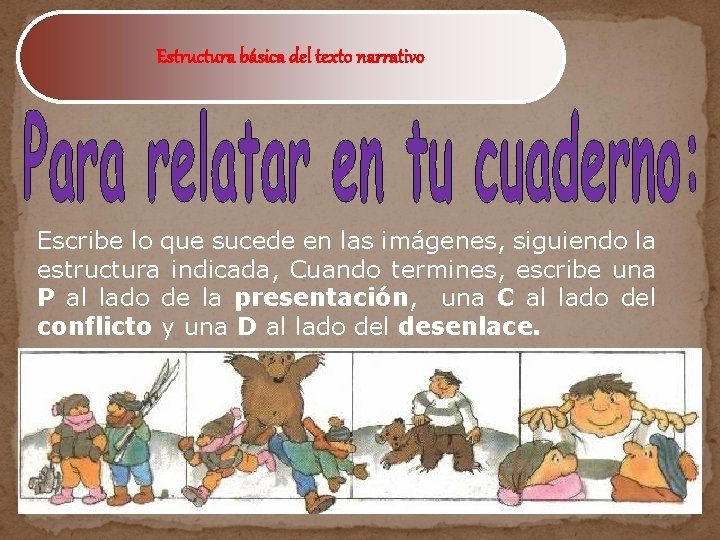 Estructura básica del texto narrativo Escribe lo que sucede en las imágenes, siguiendo la