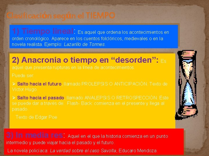 Clasificación según el TIEMPO 1) Tiempo lineal: Es aquel que ordena los acontecimientos en