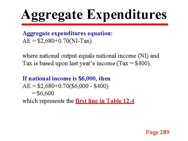 Aggregate Expenditures Aggregate expenditures equation: AE = $2, 680+0. 70(NI-Tax) where national output equals