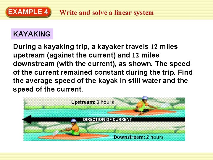 EXAMPLE 4 Write and solve a linear system KAYAKING During a kayaking trip, a