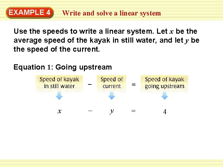 EXAMPLE 4 Write and solve a linear system Use the speeds to write a