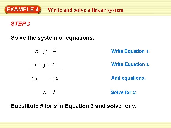 EXAMPLE 4 Write and solve a linear system STEP 2 Solve the system of