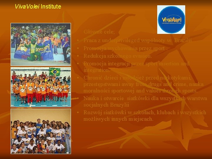 Viva. Volei Institute • • Główne cele; Praca z underprivileged wspólnoty w Brazilii. Promocja