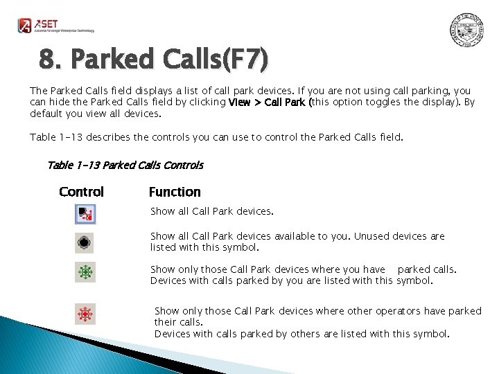 8. Parked Calls(F 7) The Parked Calls field displays a list of call park