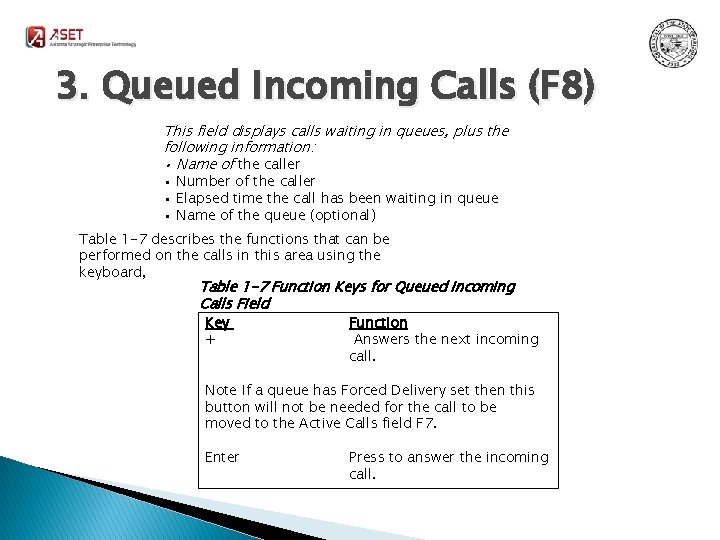 3. Queued Incoming Calls (F 8) This field displays calls waiting in queues, plus