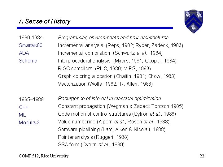 A Sense of History 1980 -1984 Programming environments and new architectures Smalltalk 80 Incremental
