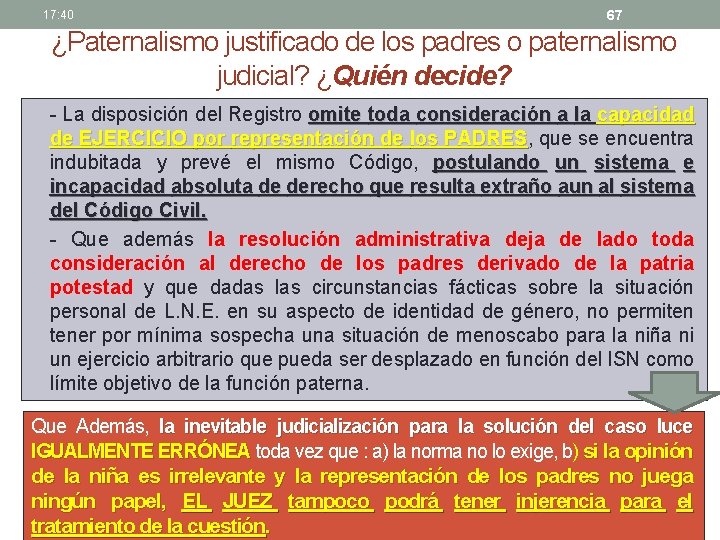 17: 40 67 ¿Paternalismo justificado de los padres o paternalismo judicial? ¿Quién decide? -