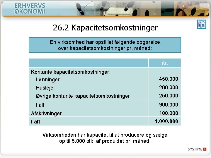 26. 2 Kapacitetsomkostninger En virksomhed har opstillet følgende opgørelse over kapacitetsomkostninger pr. måned: kr.