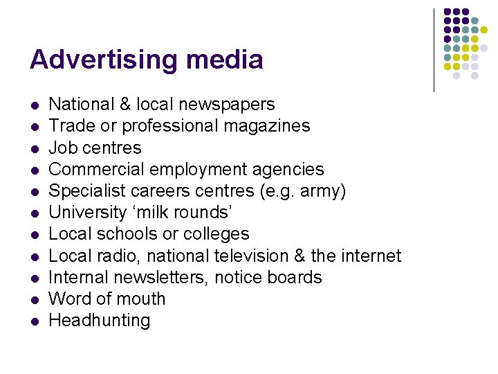 Advertising media l l l National & local newspapers Trade or professional magazines Job