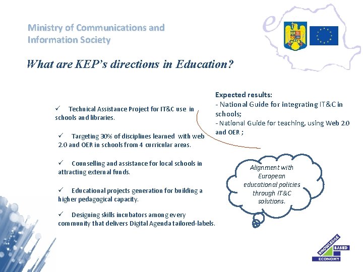 Ministry of Communications and Information Society What are KEP’s directions in Education? ü Technical